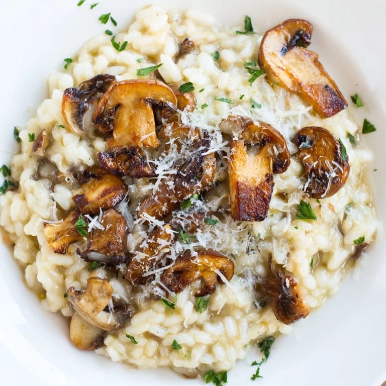 Golden roasted mushrooms and arborio rice create a rich, vegetarian risotto, perfectly paired with a glass of Pinot Grigio.