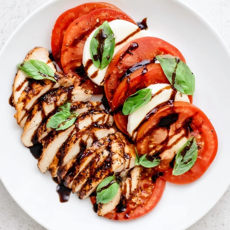 Juicy grilled chicken layered over creamy mozzarella and tomatoes with fragrant basil, topped with a balsamic drizzle in this fresh Chicken Caprese Salad.