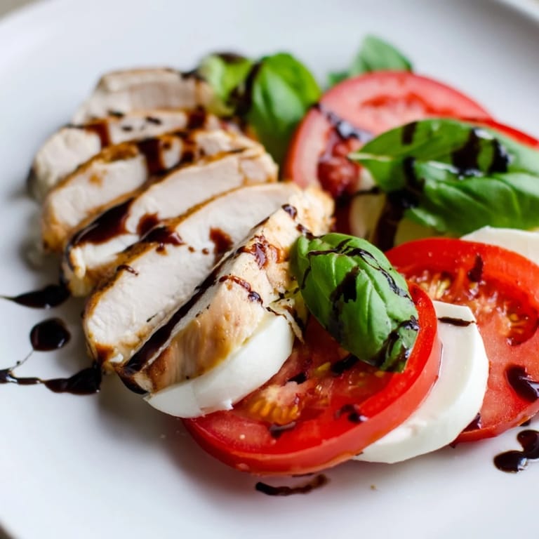 Colorful Chicken Caprese Salad with tender grilled chicken, vibrant tomatoes, and mozzarella, garnished with basil and ready to serve on a rustic dinner plate.