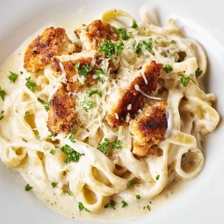 A steaming plate of Cajun Chicken Alfredo, with golden pasta ribbons and a sprinkle of fresh parsley.