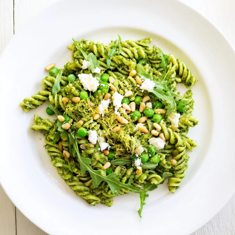 Chilled Spring Green Pesto Pasta Salad garnished with lemon zest and crumbled feta, ready for a spring picnic.