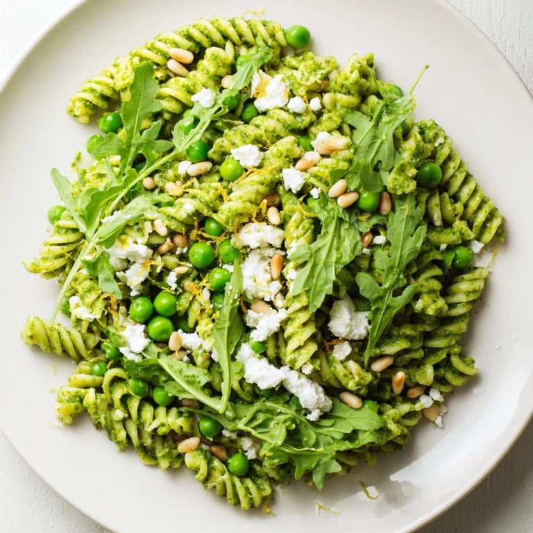 A vibrant bowl of Spring Green Pesto Pasta Salad featuring blanched peas, fresh greens, and a silky, bright dressing.