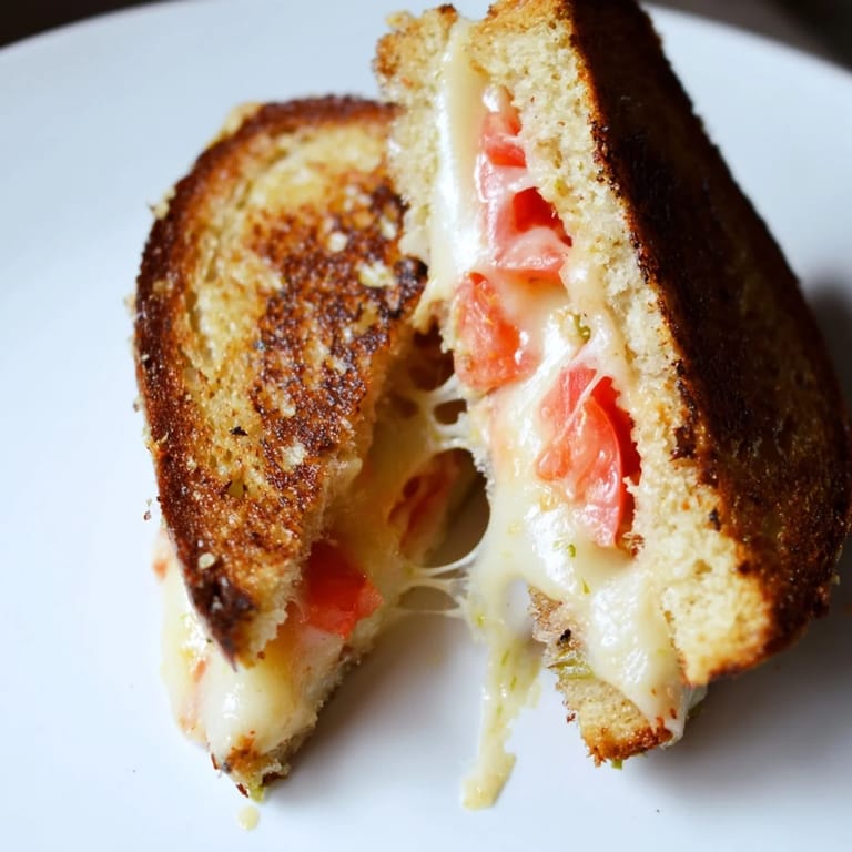 A steaming Pepper Jack & Tomato Grilled Cheese served beside a red bowl of creamy tomato soup, perfect for dipping.  