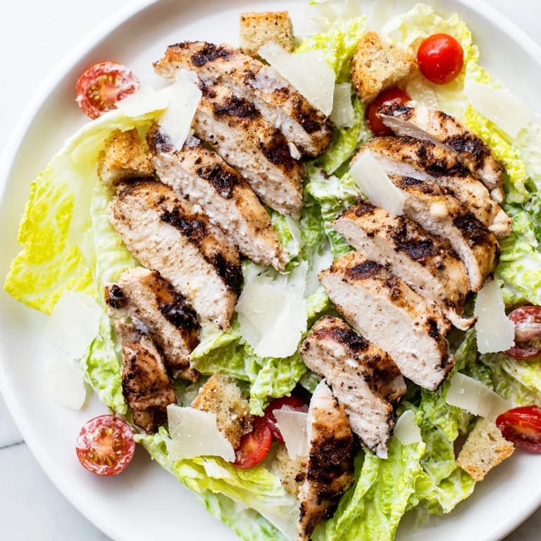 Freshly prepared Yogurt Caesar Grilled Chicken Salad featuring juicy sliced chicken breast atop vibrant romaine lettuce. Garnished with shaved Parmesan and a side of creamy Greek yogurt Caesar dressing.