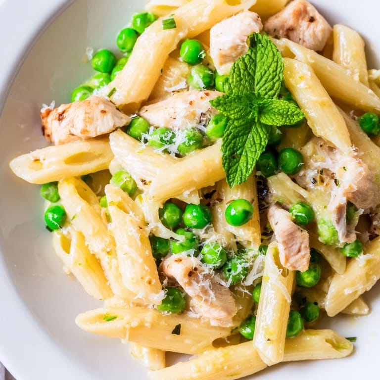 Steaming plate of Pea & Mint Chicken Pasta with al dente penne, tender chicken, and bright herbs on a rustic kitchen table.  