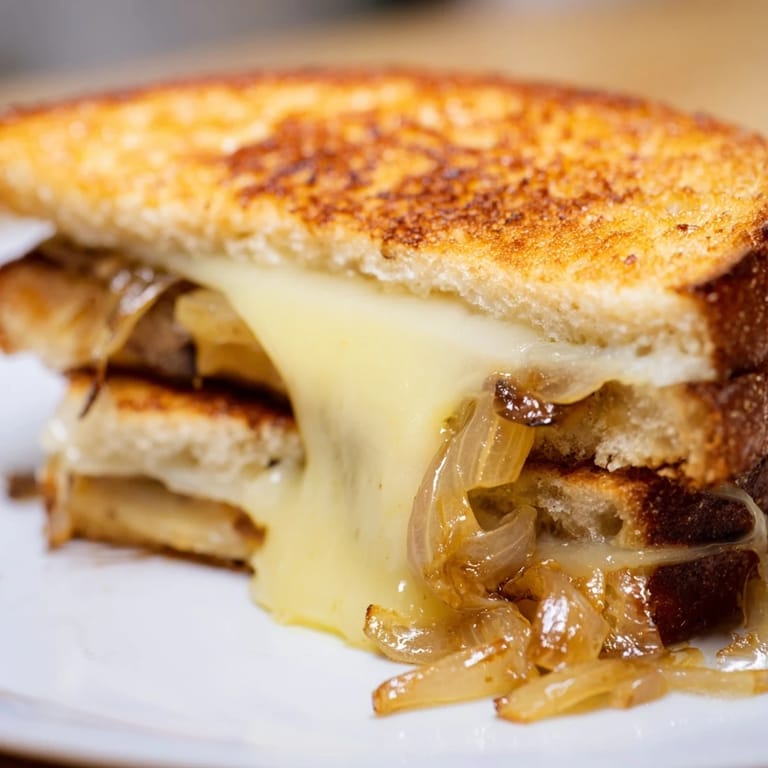 The gourmet Caramelized Onion & Gruyère Grilled Cheese features nutty melted cheese and rich, sweet onions on buttery toast.