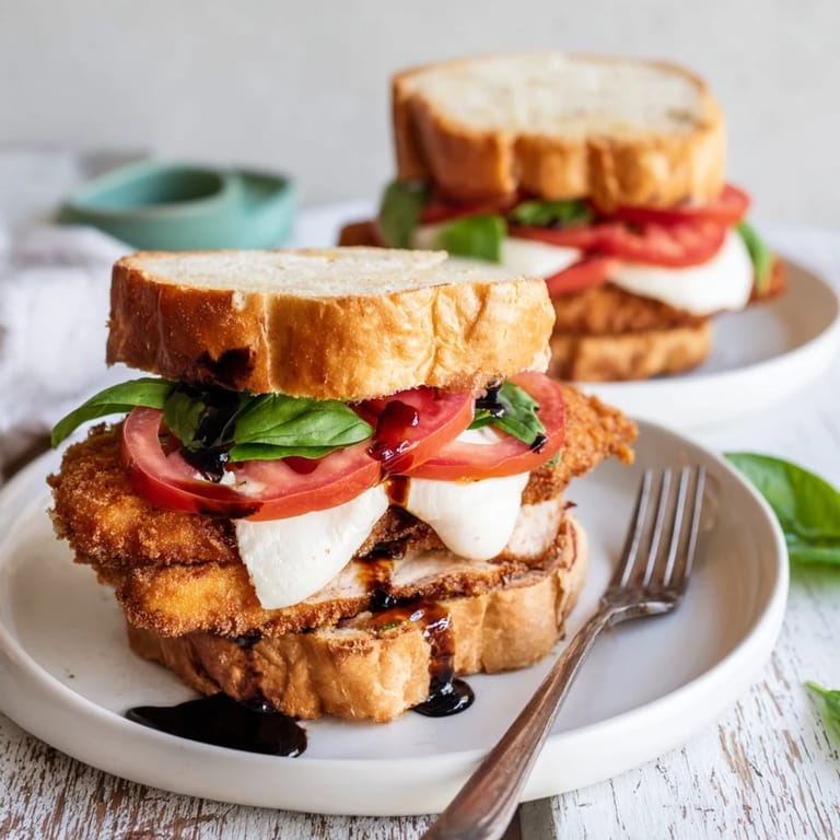 Served on a rustic plate, the Crispy Chicken Caprese Sandwich reveals juicy chicken and creamy mozzarella inside toasted ciabatta.