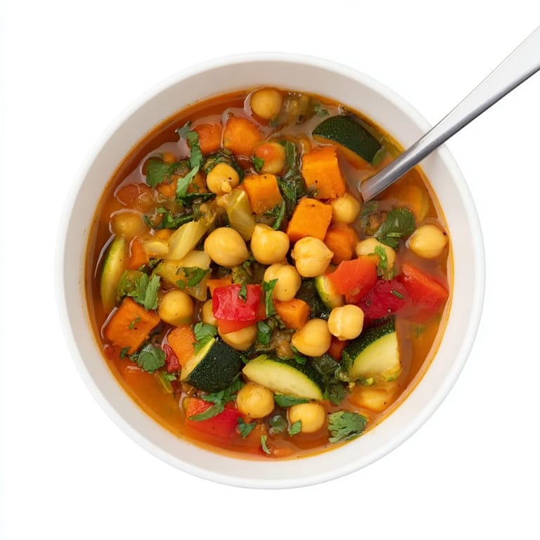 Hearty Spicy Chickpea Stew served in a rustic bowl, offering a warm, vegan meal with a squeeze of lemon and crusty bread.