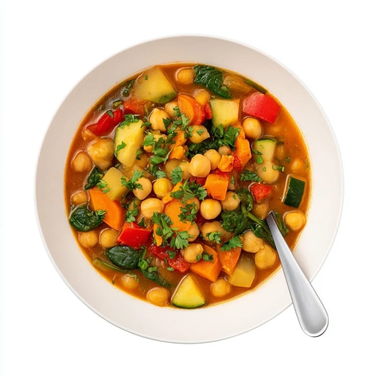 A comforting pot of Spicy Chickpea Stew simmering with diced tomatoes, red bell peppers, and aromatic spices like cumin and paprika.