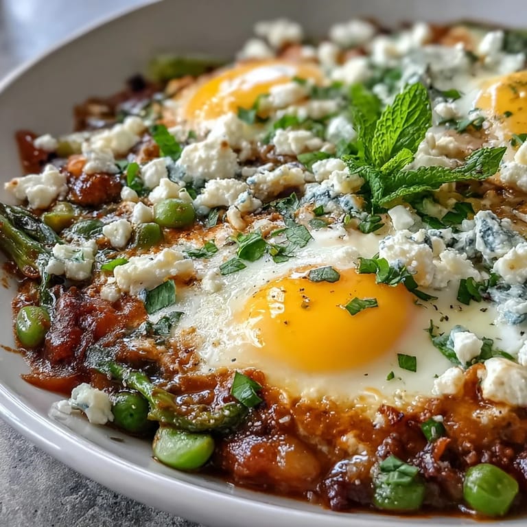 Deep skillet of Pea and Broad Bean Shakshuka topped with crumbled feta and mint.