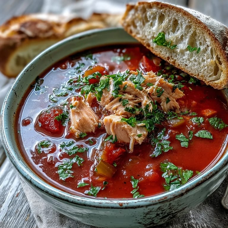 Hearty Italian-inspired Tuna and Tomato Soup simmering with diced tomatoes, onions, and carrots in a rustic pot.