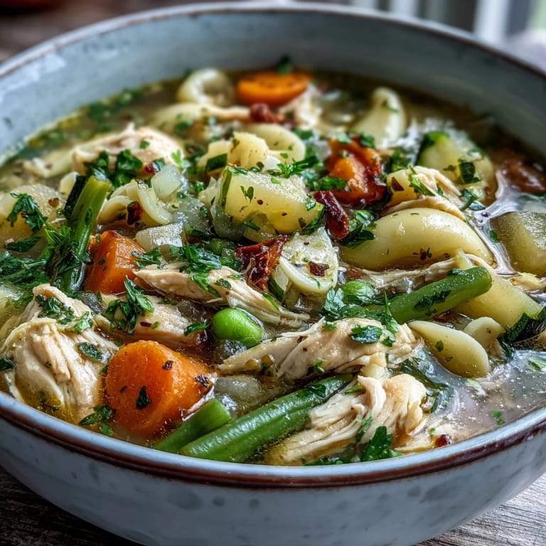 Close-up of Pasta Soup With Chicken and Vegetables, featuring ditalini pasta, peas, and zucchini in a rich tomato-based broth in a rustic pot.