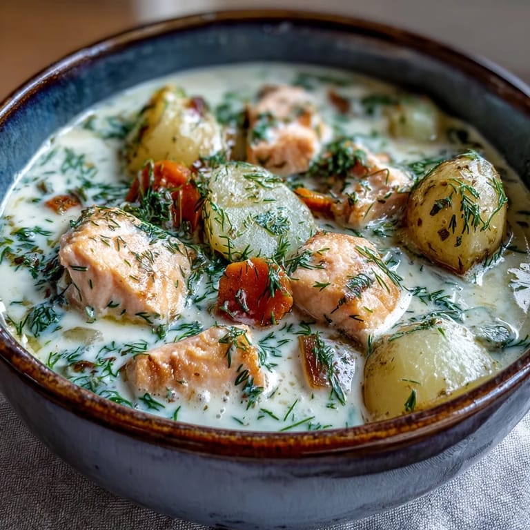 A warm bowl of Finnish Salmon Soup garnished with dill, ready to serve.
