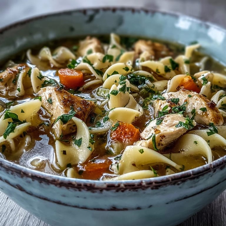 Spooning a comforting bowl of Chicken Noodle Soup, highlighting diced chicken, vegetables, and flavorful broth garnished with fresh parsley.