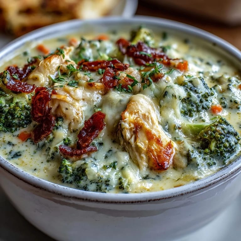 Cozy bowl of Best Chicken Broccoli Cheddar Soup garnished with extra cheddar and fresh herbs.