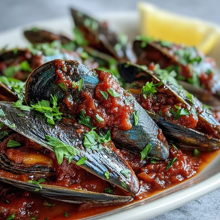 Bright bowl of Smoky Mussels Pomodoro featuring tender mussels in a smoky red sauce, served alongside crusty artisan bread for dipping.