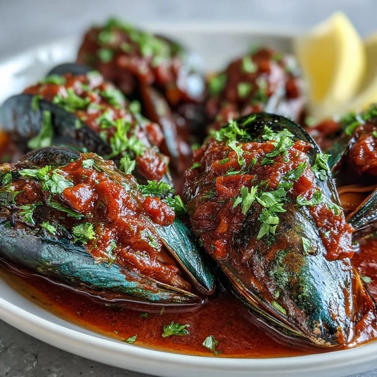 Sizzling Smoky Mussels Pomodoro fresh off the stove, showcasing open shells in a vibrant tomato and paprika sauce with lemon slices.