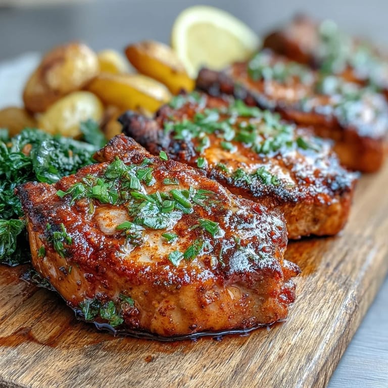 Golden Aleppo Pork Chops and crispy potatoes served alongside vibrant, sautéed kale for a hearty meal.