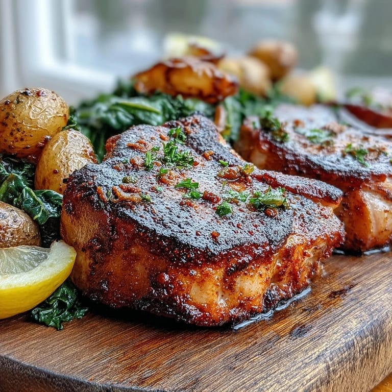 Sizzling Aleppo Pork Chops roasted in the oven with potatoes and tossed greens for a rustic dinner.