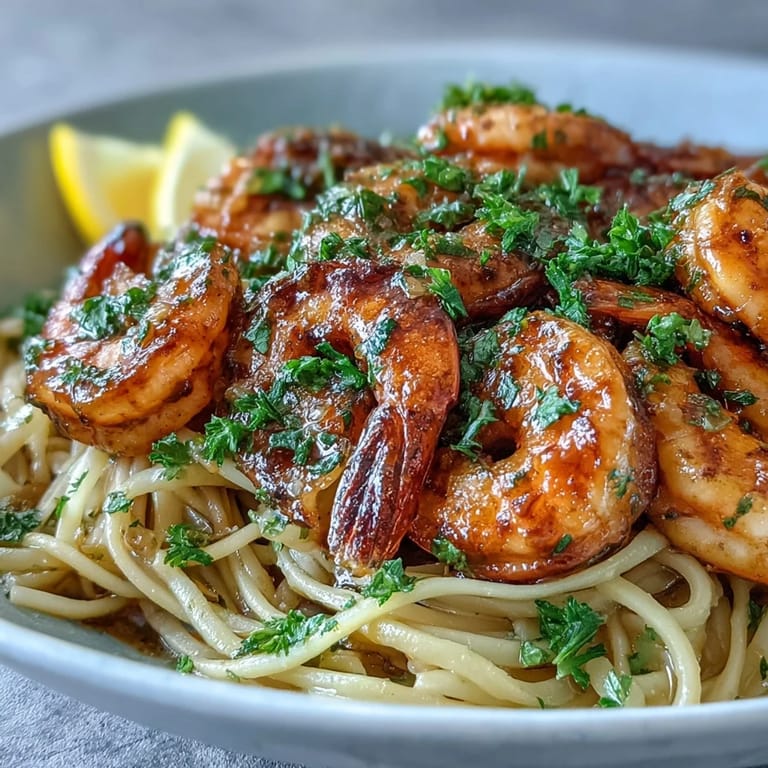 Tender shrimp and al dente linguine are tossed in a glossy white wine sauce, steaming on a white plate.