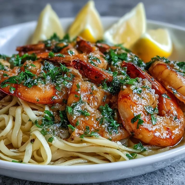 Close-up of Shrimp Scampi With Linguine showing plump pink shrimp and fresh parsley, paired with a lemon wedge garnish.