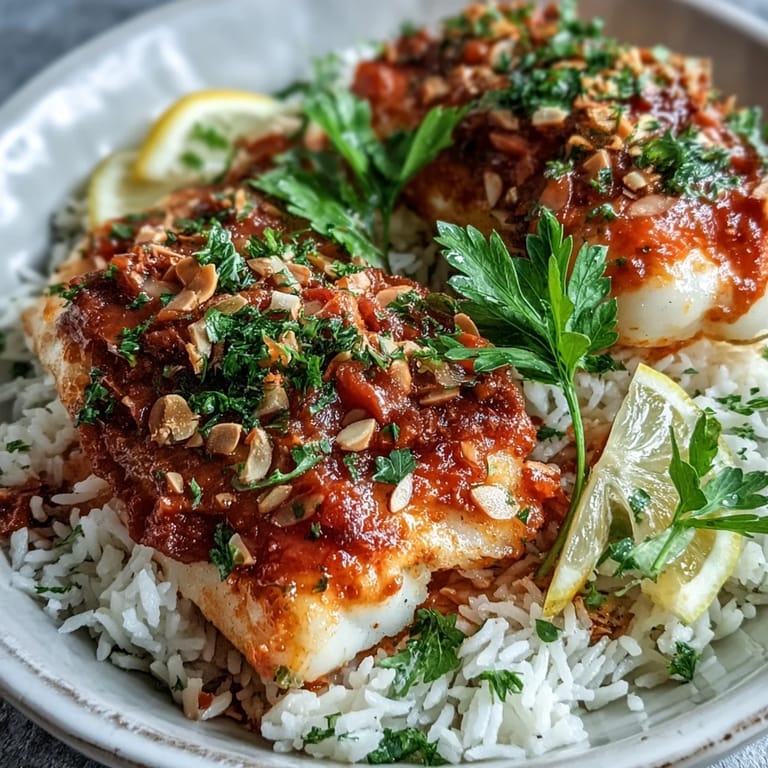 Flaky tomato-roasted cod served over aromatic ginger rice, garnished with crunchy spiced almonds and bright lemon wedges for a Mediterranean dinner.