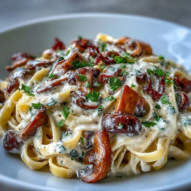 Family-style Creamy Mushroom Stroganoff in a skillet alongside crusty bread, a comforting vegetarian pasta for a cozy weeknight dinner.