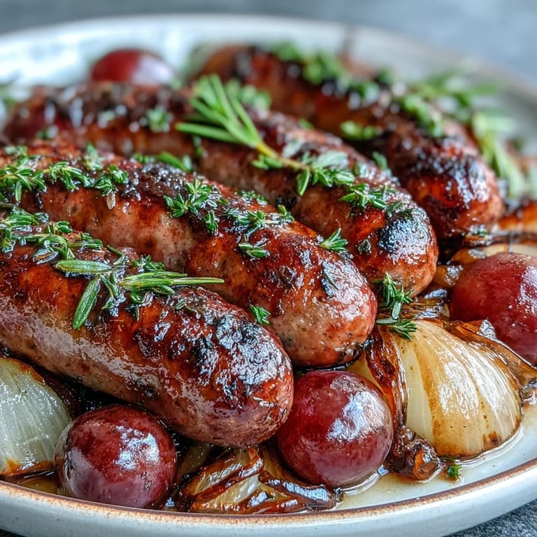 Freshly roasted sausage and grapes from the oven, featuring juicy red grapes and onions tossed in olive oil and rosemary.