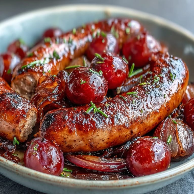 Sizzling roasted sausage and grapes served over creamy polenta, with crusty bread on the side to soak up the savory pan juices.