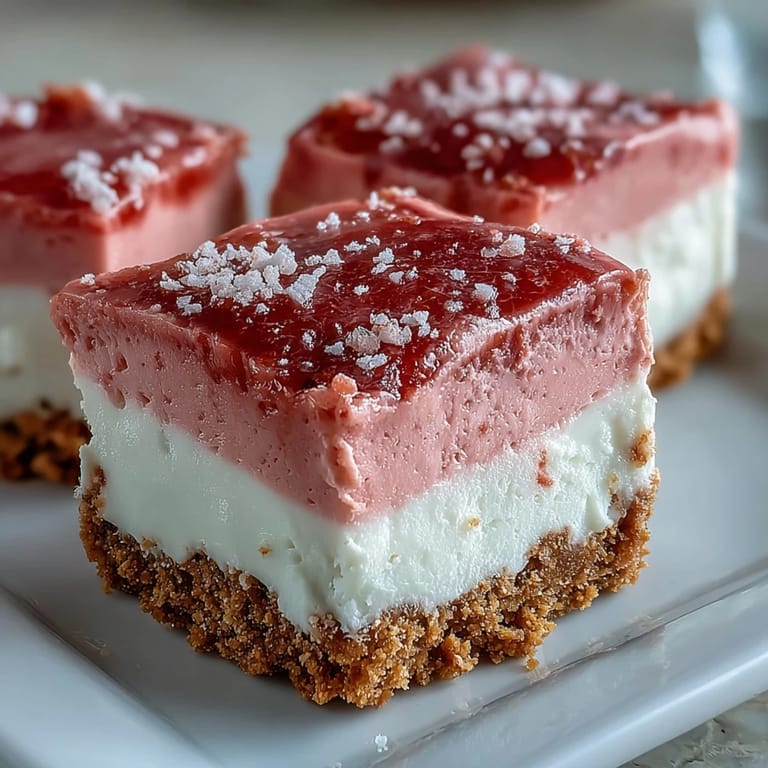 No-Bake Strawberry Fudge Squares dusted with powdered sugar on a marble countertop for serving.