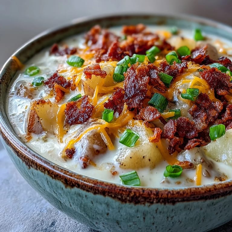 Close-up of Loaded Potato Soup showing creamy consistency, garnished with extra shredded cheddar and sliced scallions, ready to be enjoyed with a spoon.