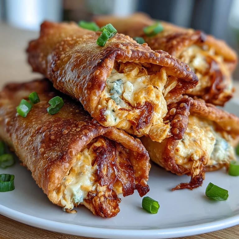 Air fried Buffalo Chicken Dip Egg Rolls are arranged on a white plate with celery sticks and blue cheese dressing.