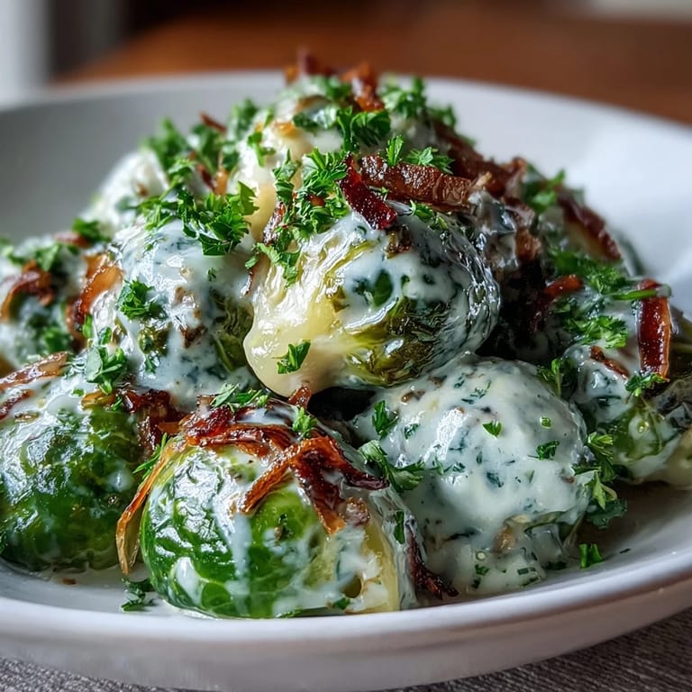 Tender Brussels Sprouts in Cream Cheese-Mustard Sauce are served warm as a comforting German side dish recipe.