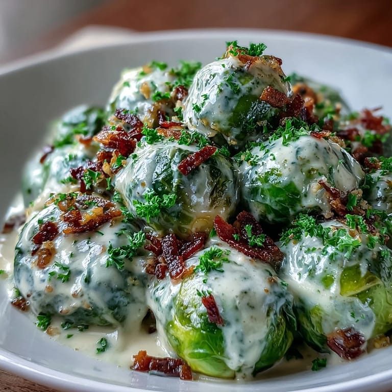 Sautéed onions and garlic create a rich aroma for this Brussels Sprouts in Cream Cheese-Mustard Sauce dinner.