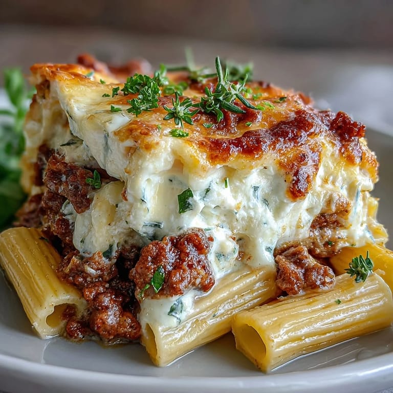 Close-up of Cottage Cheese Protein Pasta Bake with Ground Beef revealing creamy cottage cheese and chunky tomato beef sauce.