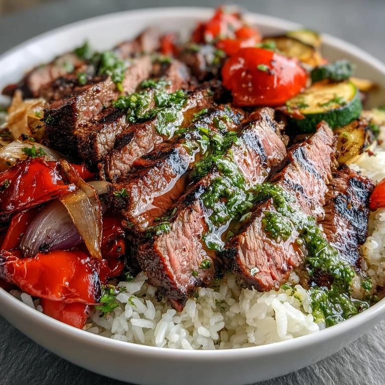Chimichurri drizzled over a hearty steak bowl featuring fluffy rice, roasted veggies, and juicy grilled steak slices.