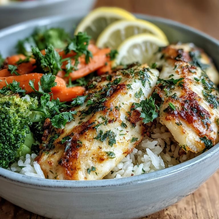 A wholesome baked tilapia bowl offers tender fish and steamed vegetables for a nutritious weeknight meal.