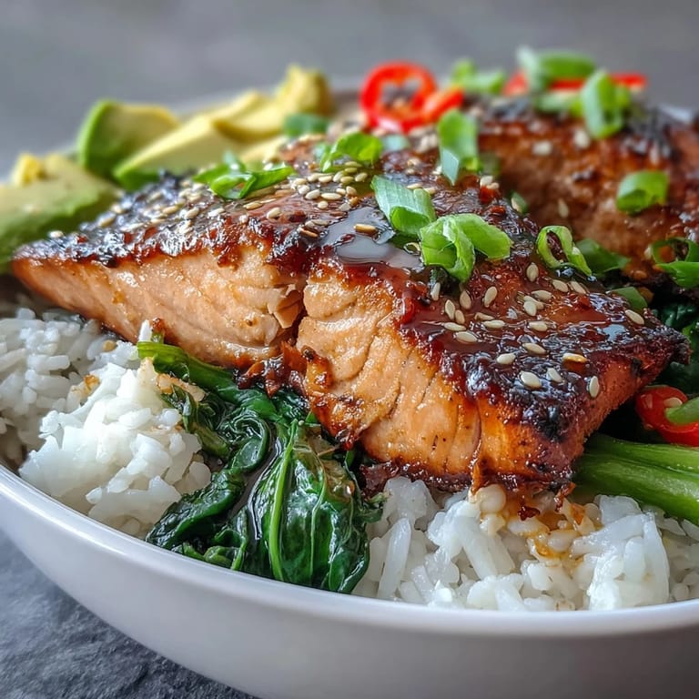 Steamed rice and stir-fried vegetables pair with sesame salmon, topped with green onions and fresh cilantro garnish.