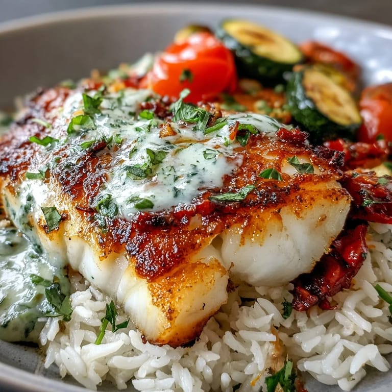 Savory pan-seared white fish with roasted seasonal vegetables and fluffy rice, topped with a bright lemon sauce for a healthy, pescatarian meal.
