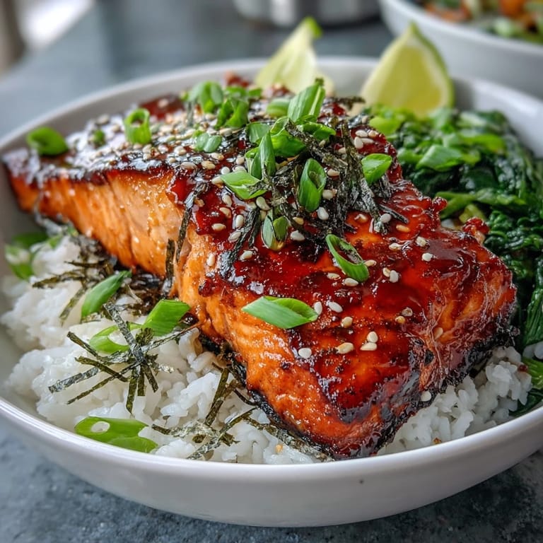 Miso glazed salmon served over fluffy jasmine rice with wilted spinach and sesame seeds for dinner.