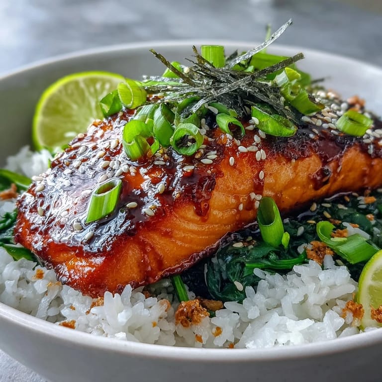 Savory-sweet miso glazed salmon plated over jasmine rice with sautéed spinach, green onions, and sesame garnish.