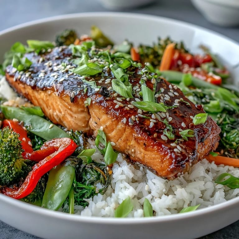 Savory-sweet Teriyaki Salmon Bowl features tender salmon over stir-fried veggies, ready for a drizzle of extra sauce.