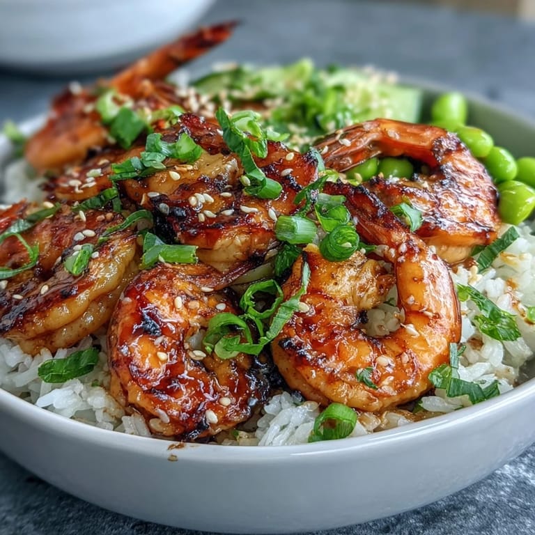 A vibrant Asian Shrimp Bowl featuring juicy shrimp over rice with edamame and carrots.