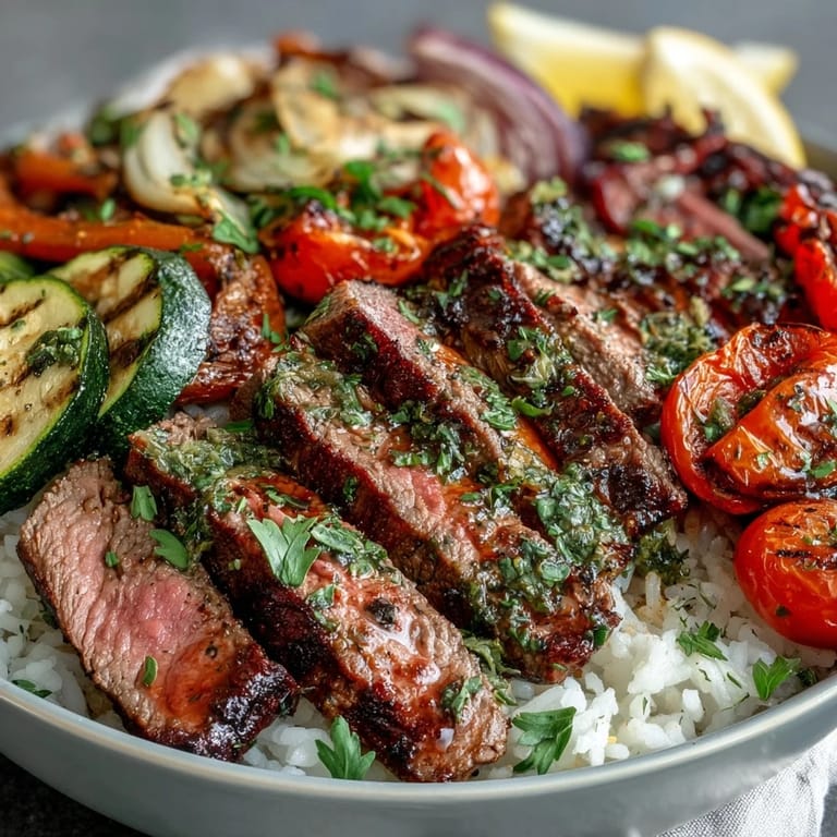 Close-up of juicy sliced steak, roasted cherry tomatoes, and red onion beside fluffy jasmine rice, served in a white bowl for a vibrant weeknight meal.