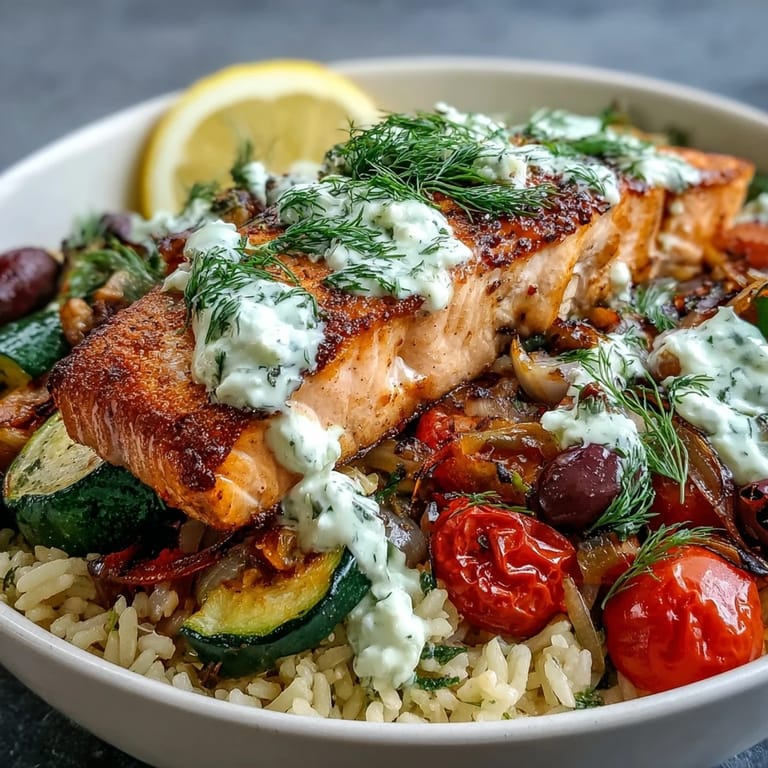 Flaky salmon rests on crispy rice, drizzled with creamy lemon-yogurt sauce and fresh herbs.