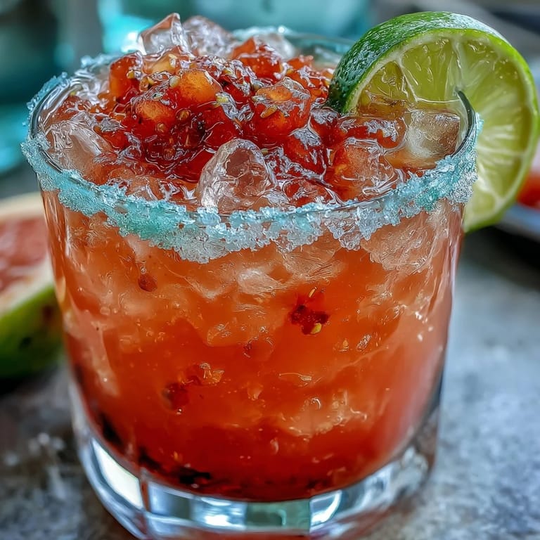 Close-up of a chilled Guava Margarita, showing its pink hue in a rocks glass with lime.