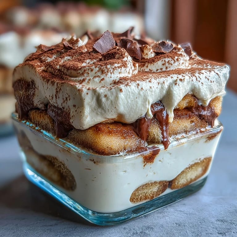 Close-up of a creamy Hojicha Tiramisu dessert ready to serve, showcasing soft layers of mascarpone filling.