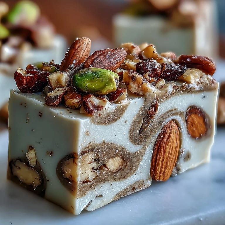Squares of Hojicha Nougat with chopped almonds, showing a chewy texture on a white plate.