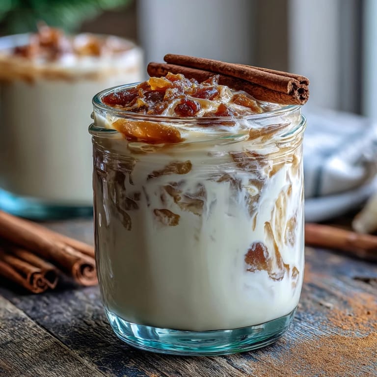 Guava Coquito served chilled in small glasses, featuring a rich pink hue from guava marmalade and a dusting of warm ground cinnamon.