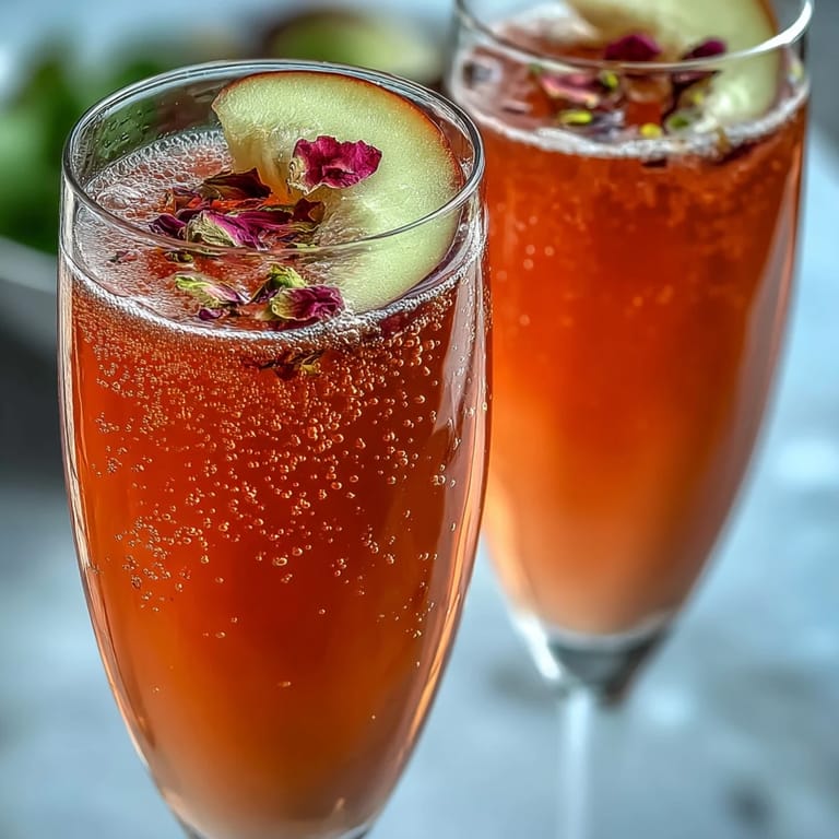 Close-up of sparkling elderflower guava mimosa in a flute beside fresh guava slices on a brunch table